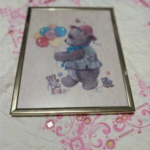 Vintage Bear Art Print with Balloons - Multicolor